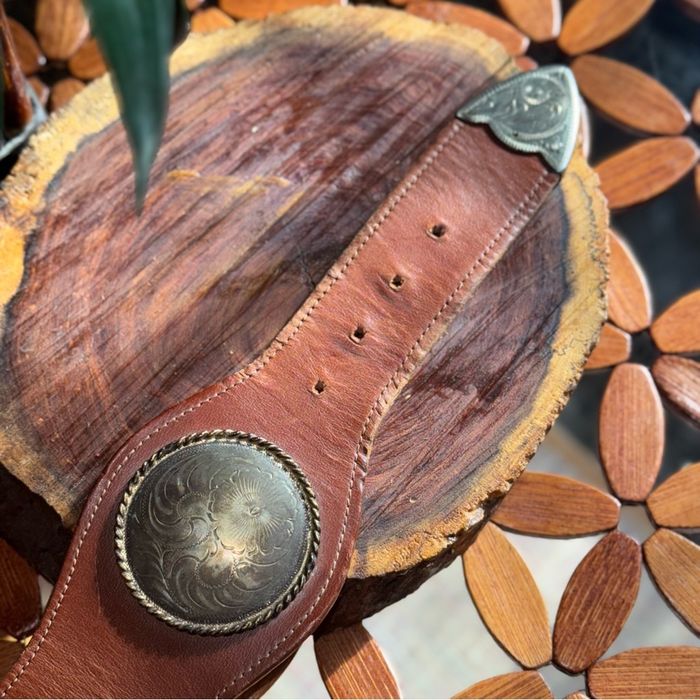 Vintage Moroccan Brown Leather Belt with Silver Large Concho Boho Accents 28.5" - Picture 5 of 16